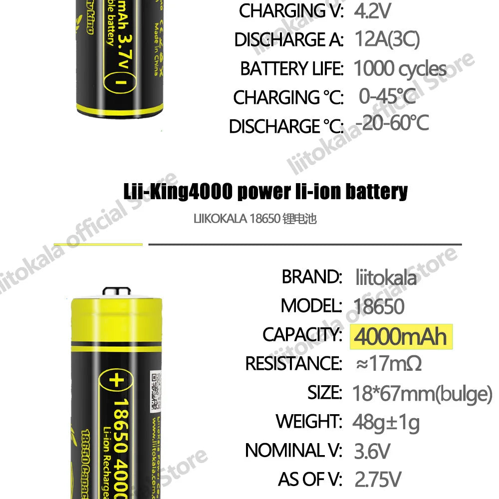 4pcs LiitoKala Lii-King4000 Highest Capacity 18650 4000mAh battery Original 3.6V Reachargeable batteries for flashligh