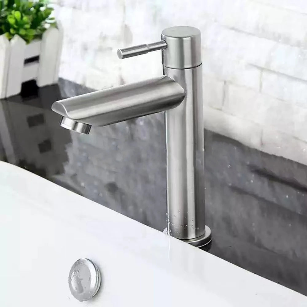 Stainless Steel Single Cold Water Tap Black Basin Fauct Silver Deck Mounted Lengthening and Raising Basin Sink Tap