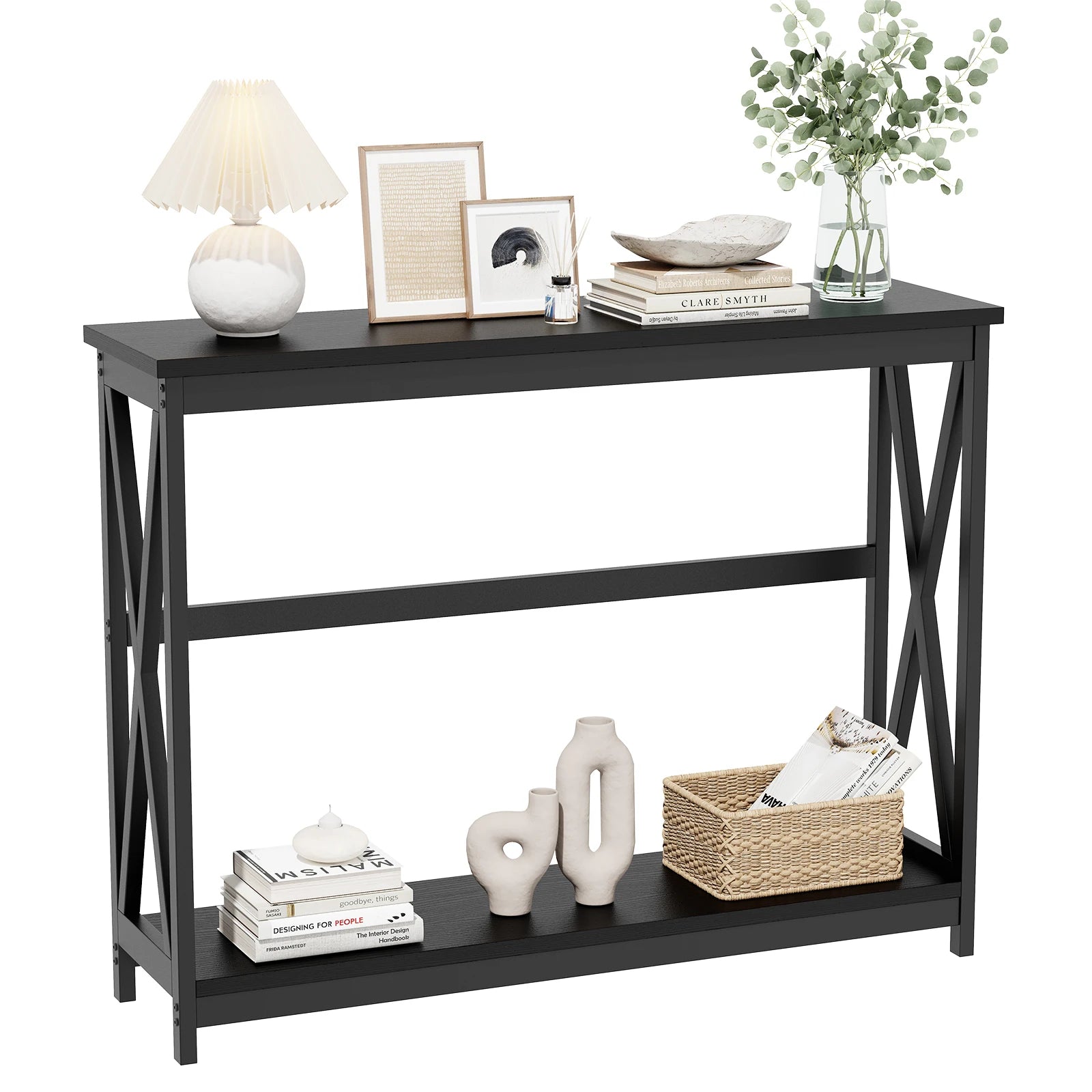 40" 2-Tier Console Table with Metal X-Frame – Modern Entryway Table