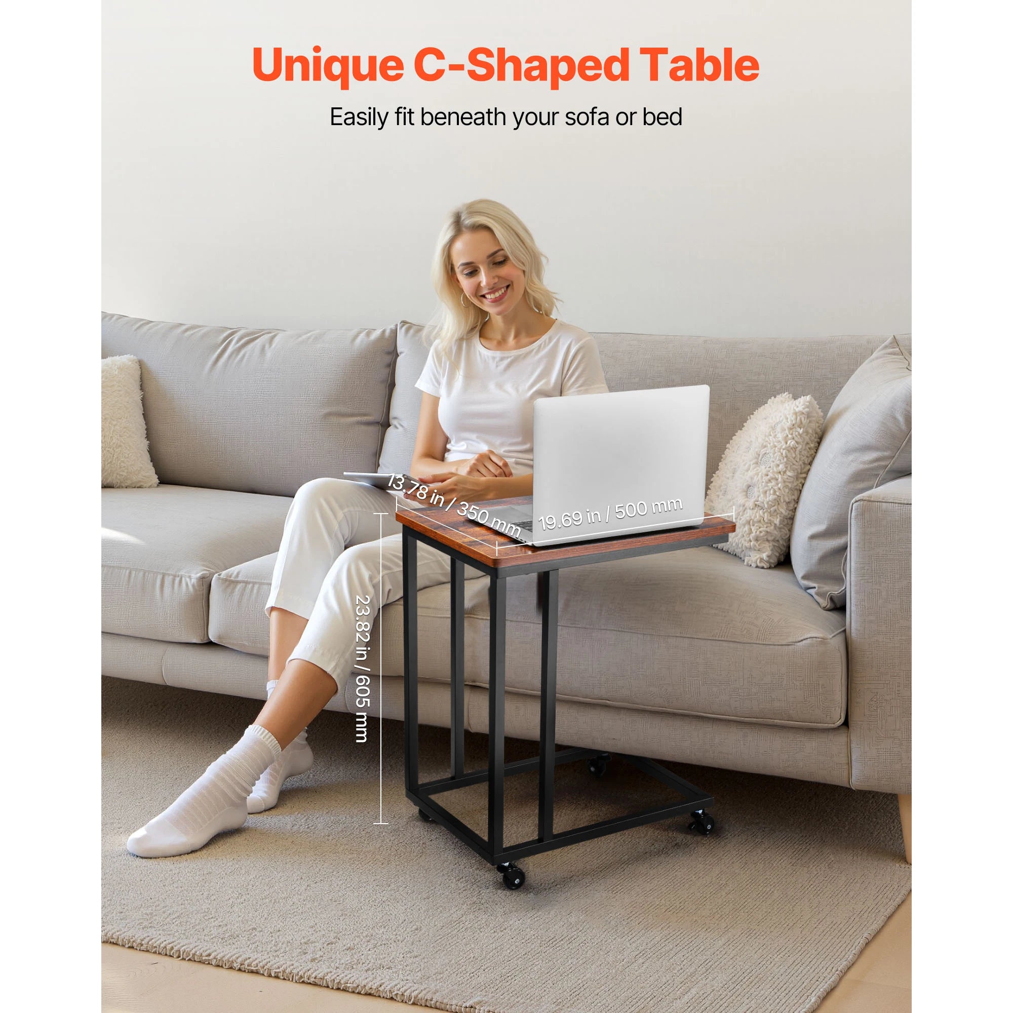 SucceBuy C Table C Shaped Sofa Side Table with Metal Frame Rolling Casters Portable C Shaped End Stand for Living Room Office