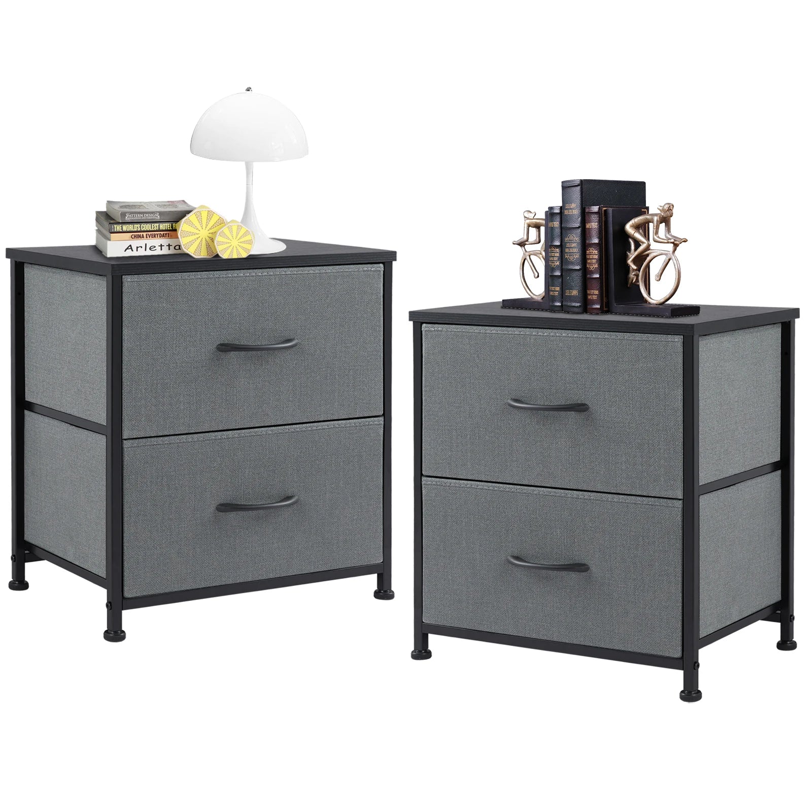 Set of 2 Fabric Drawer Nightstands with Storage and Metal Frame