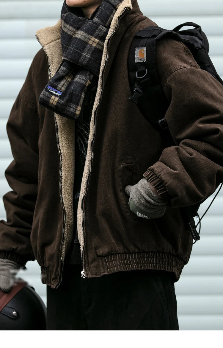 Japanese Vintage Polar Fleece Jacket Men Winter High Quality Thick Jacket Korean Streetwear Loose Couple Trendy Warm Coat Male