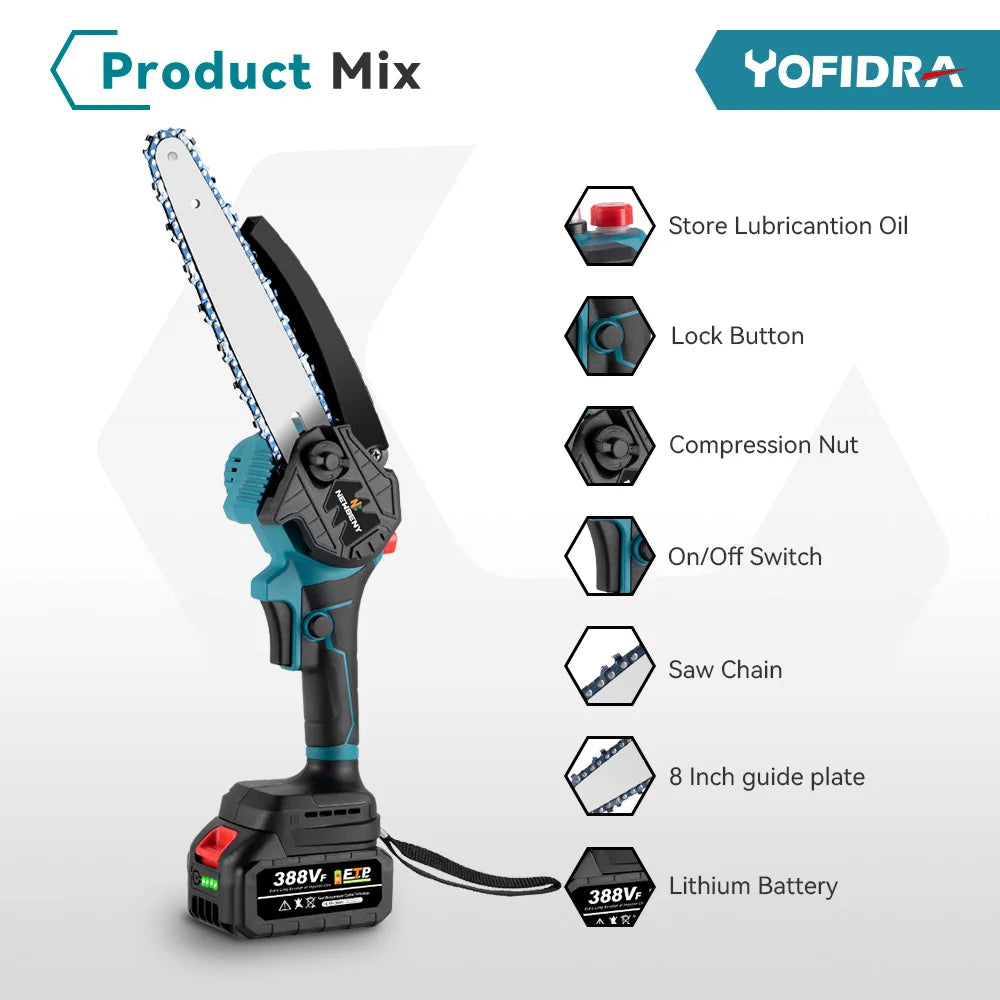 8 Inch Brushless Electric Saw Cordless Oiler Handheld Garden Wood Cutting Logging Chainsaw Power Tool For Makita 18V Battery Pin