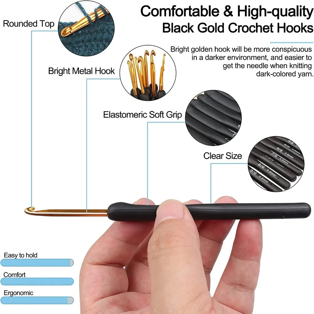 8PCS Black Crochet Hooks Set for Arthritic Hands,Ergonomic Crochet Hook Soft Crochet Needle,2.5-6.0mm Crochet Kit for Beginners
