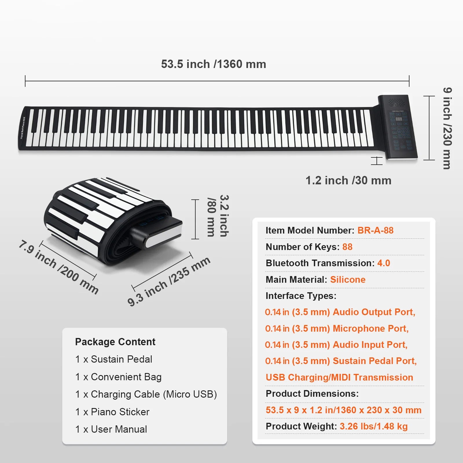 88-Key Roll Up Piano Keyboard with 128 Tones & Rechargeable Battery