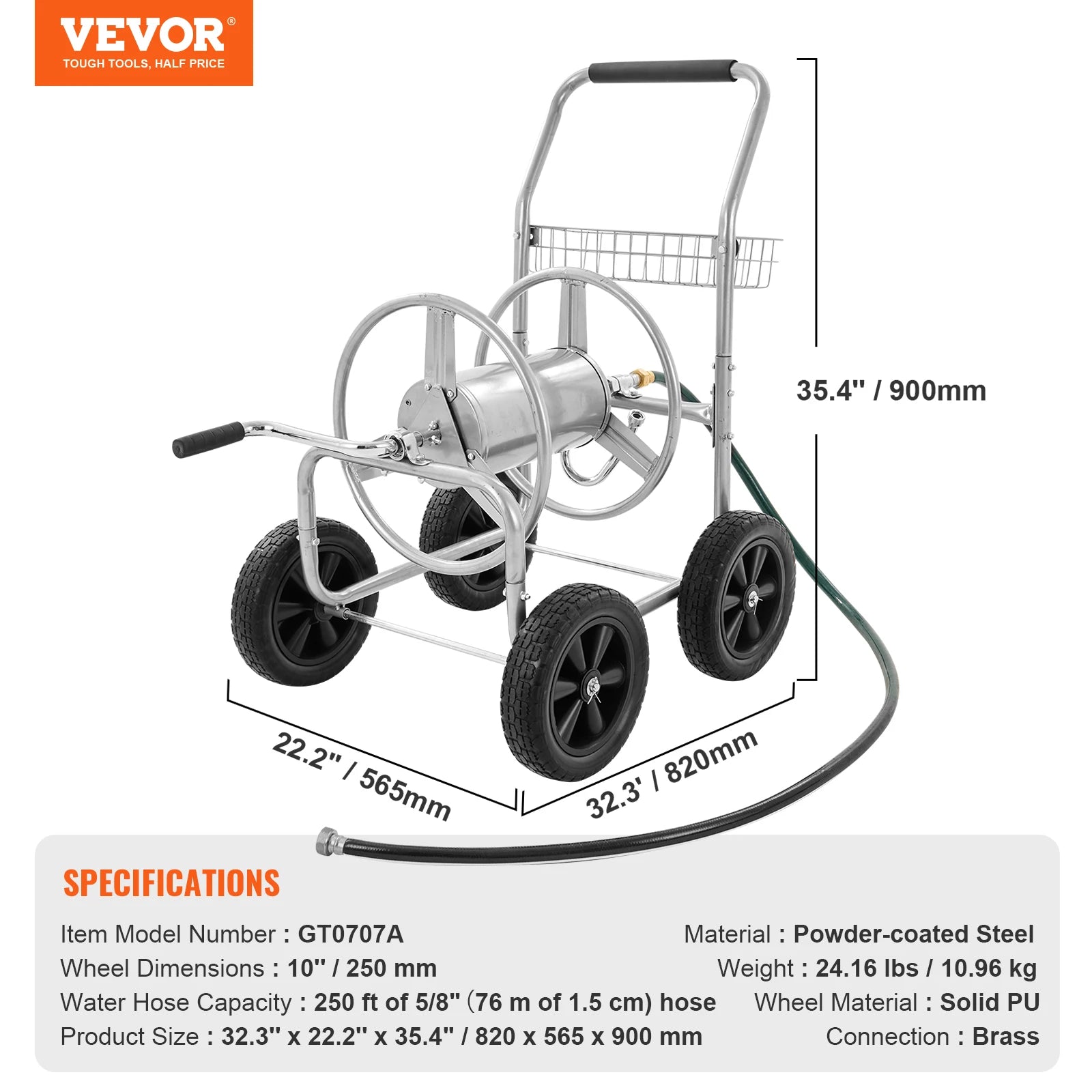 Carrello avvolgitubo da giardino pesante da 250ft con struttura in acciaio e ruote