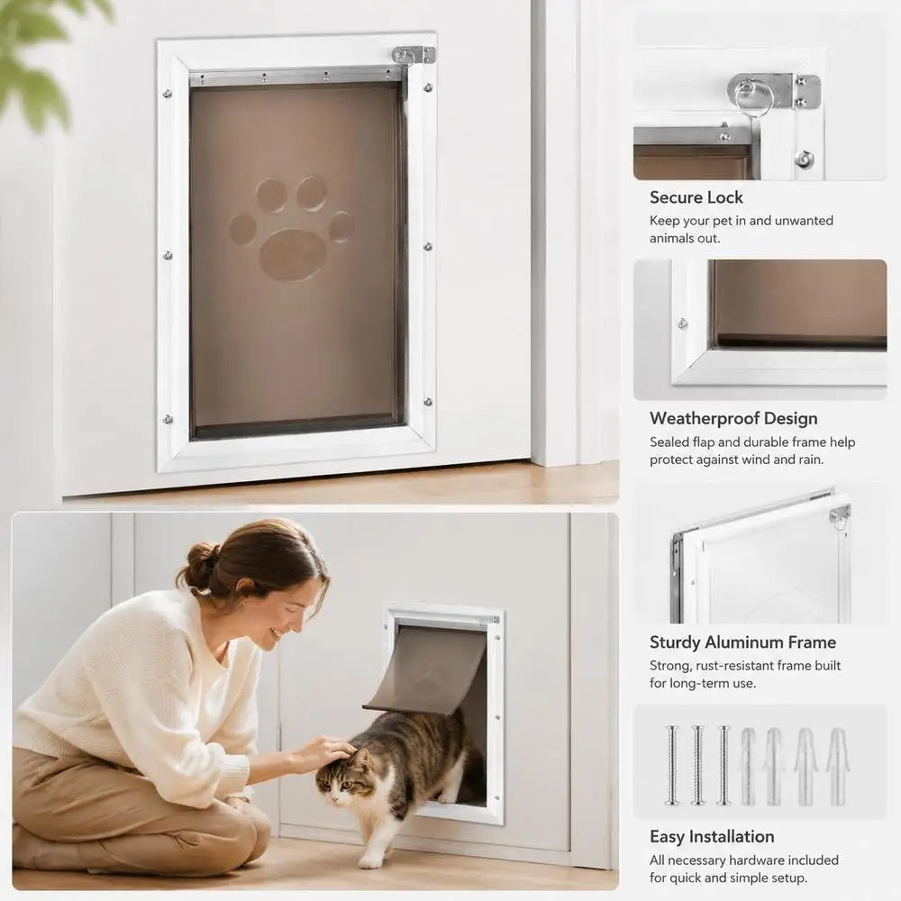 Pet Door/dog Flap Made Of Aluminum Frame With Lock And Flap System, 337 X 509 Mm, Weatherproof, Suitable For Cats, Dogs, And Kittens (White-L), Easy Installation
