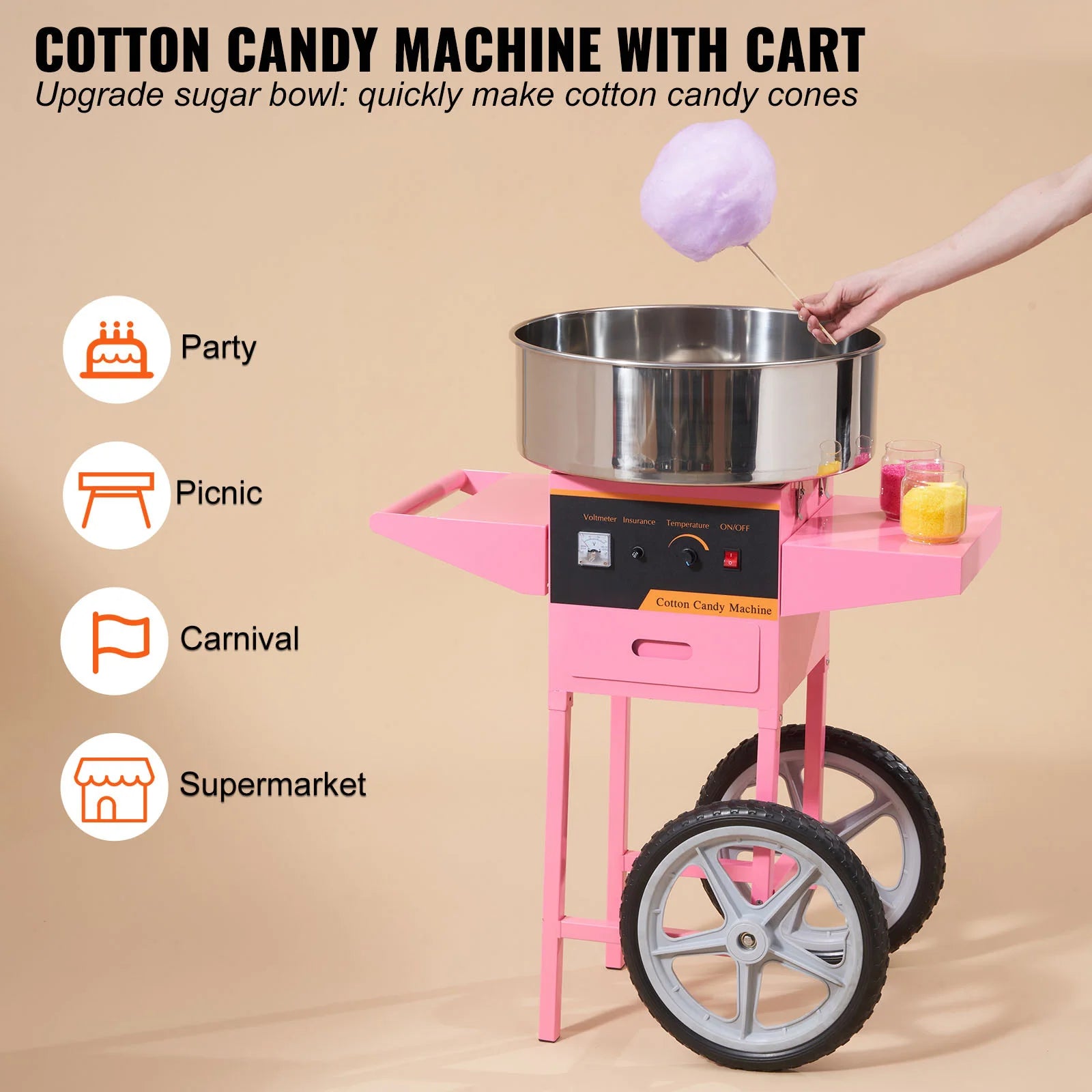 Commercial Cotton Candy Machine with Cart 1050W High Output Maker