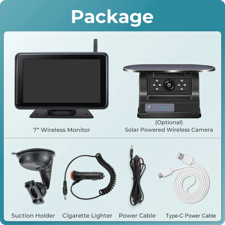 7'' Magnetic Solar Charging Wireless DVR Camera with 1080P Touch Monitor BSD Blind Spot Alarm, for Truck/RV/Trailer/Forklift