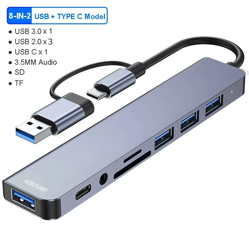 Viacportový rozbočovač USB-A/USB-C, štyri možnosti rozloženia