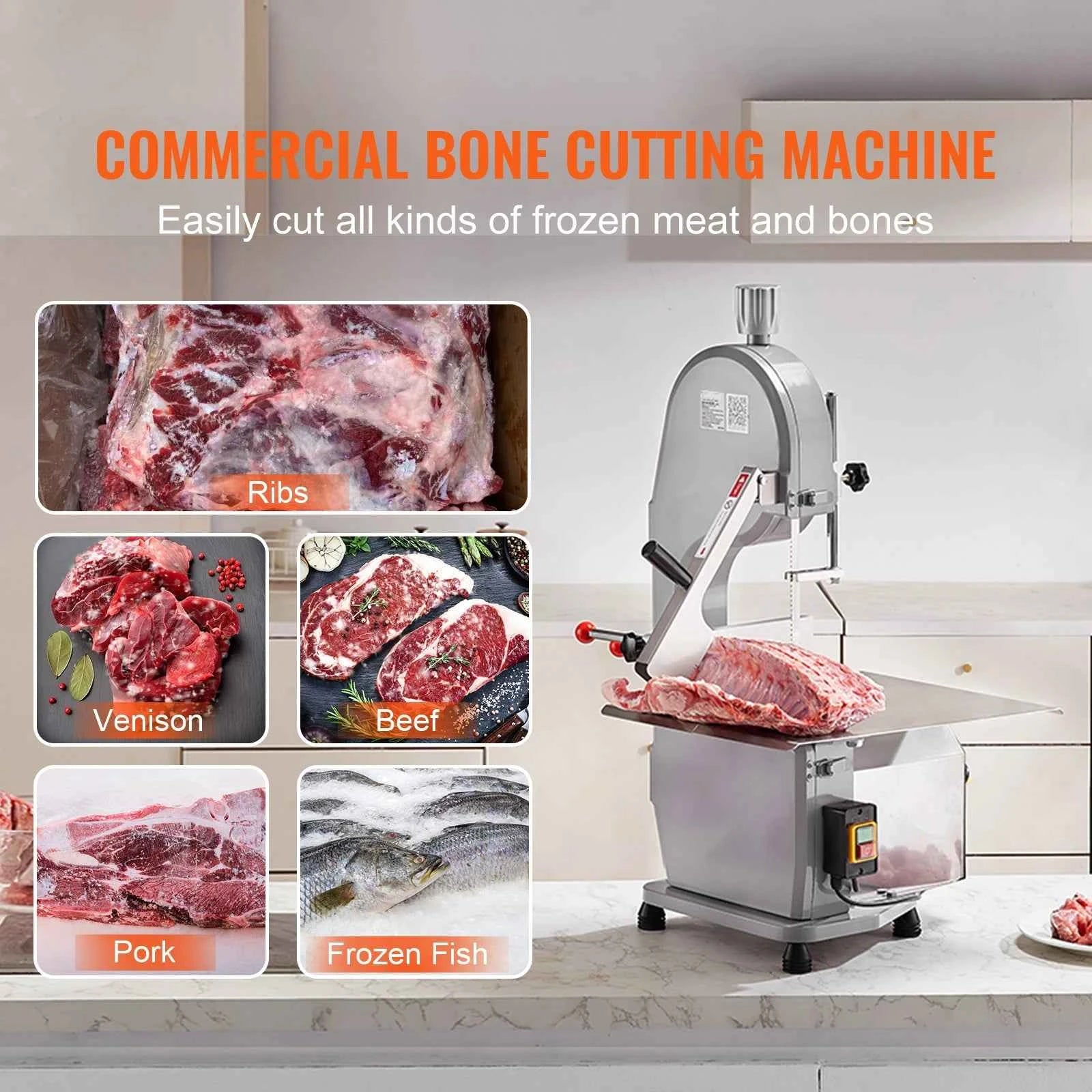 Commercial Electric Meat Bandsaw Stainless Steel Countertop Bone Sawing Machine with 6 Blades