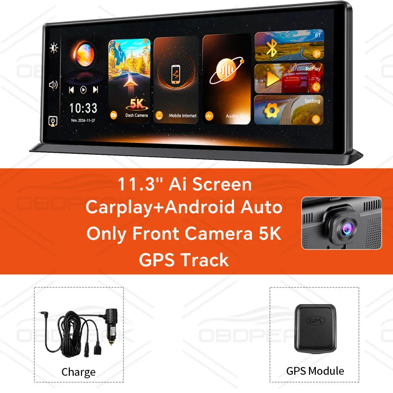 Front 5K Rear 1080P Dash Cam with 11.3-Inch Touch Screen and Night Vision