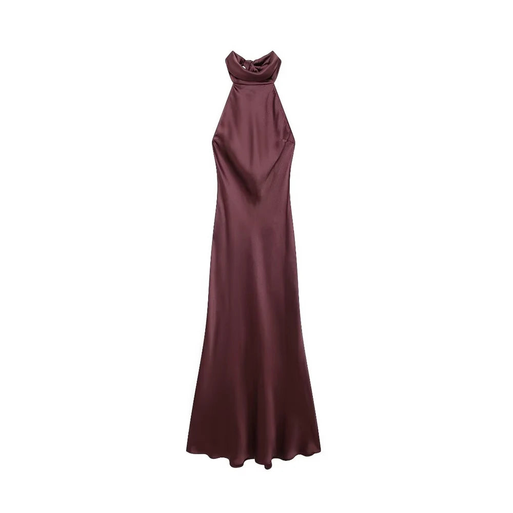 Women's Long Satin Halter Dress, Backless, Bow Tied, Back Zipper, Female Dresses, Sexy Fashion
