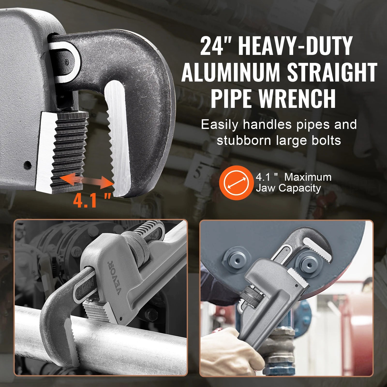 24" Aluminum Pipe Wrench Adjustable 4.1" Jaw Heavy-Duty Grip