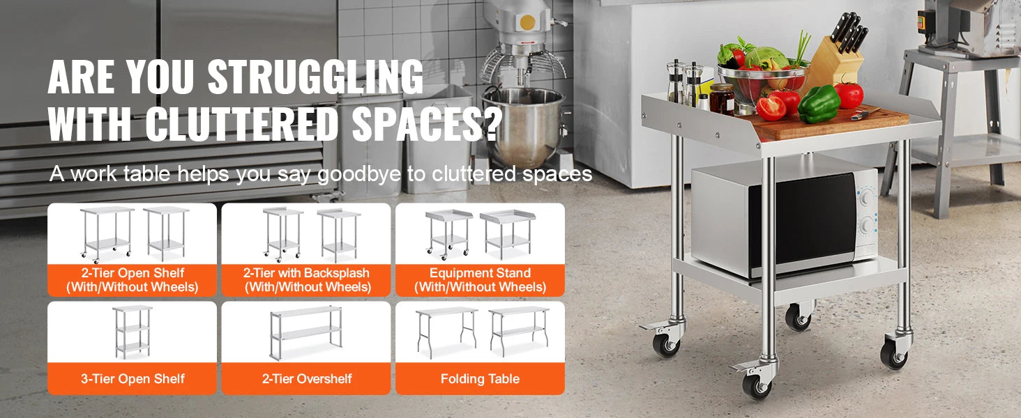 Stainless Steel Work Table with Wheels and Adjustable Shelf