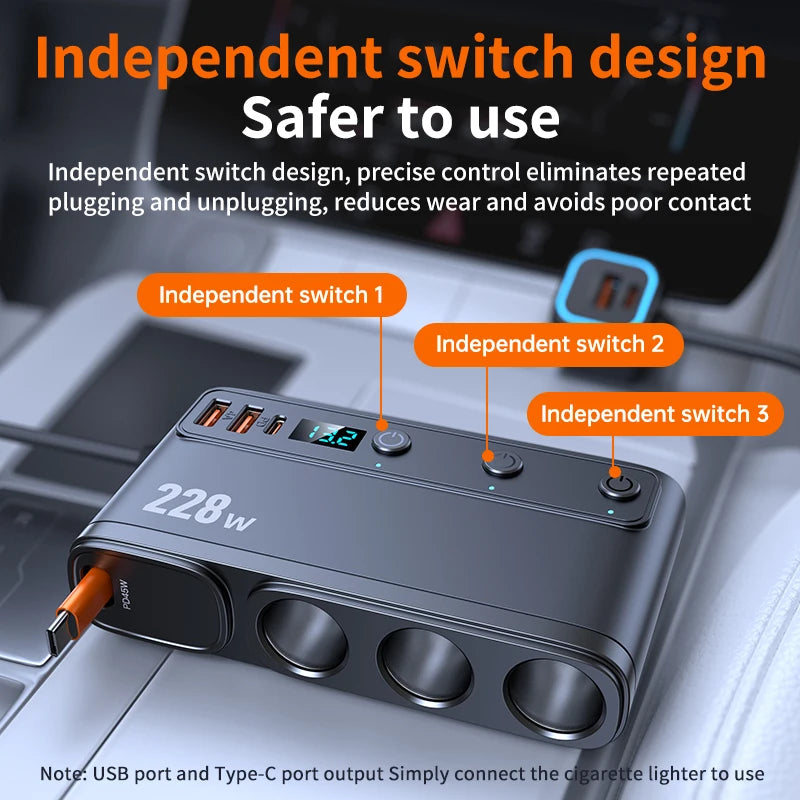 228W 9 in 1 Car Charger Adapter PD QC3.0 Charge Independent Switches DC Cigarette Outlet PD 3 Socket Cigarette Lighter Splitter