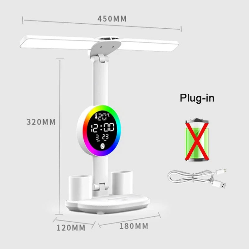 LED Desk Lamp with Clock, Plug-In/Rechargeable Options