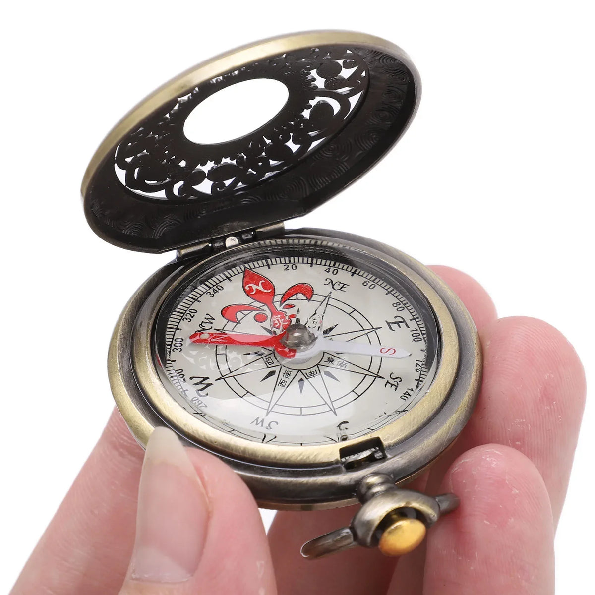 Vintage-Style Pocket Compass with Ornate Folding Lid
