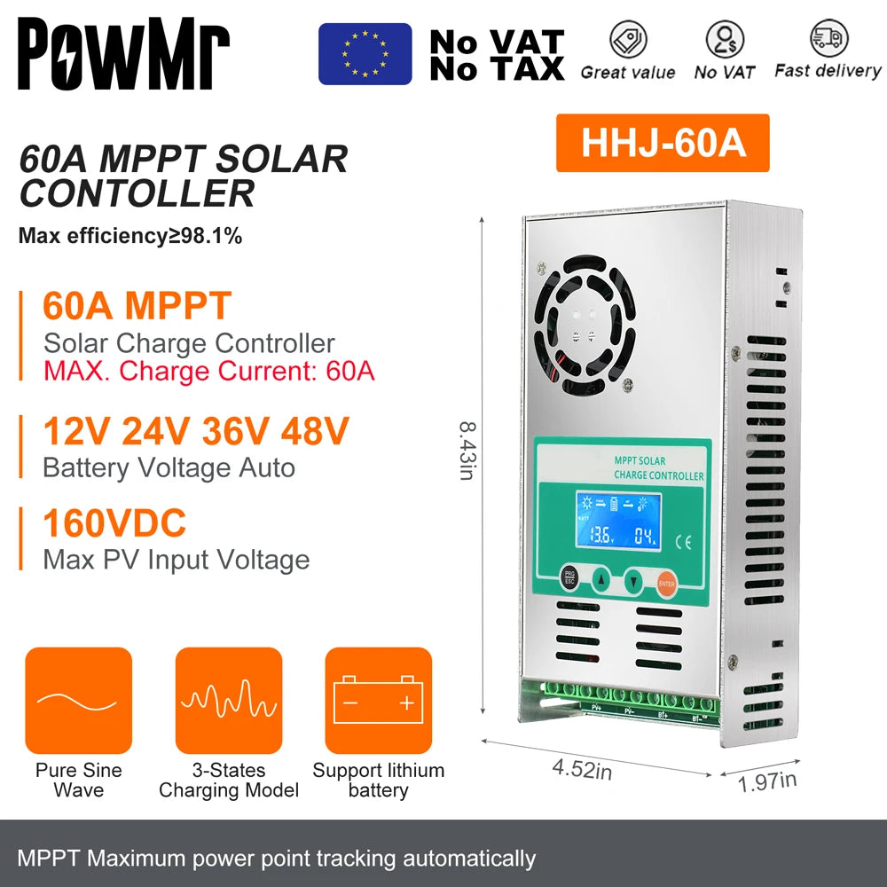 PowMr MPPT 100A 80A 60A 40A 30A 30A 20A Solar Charger Controller LCD Work With 12V 24V 36V 48V Lead-acid Lifepo4 Battery Solar Panel