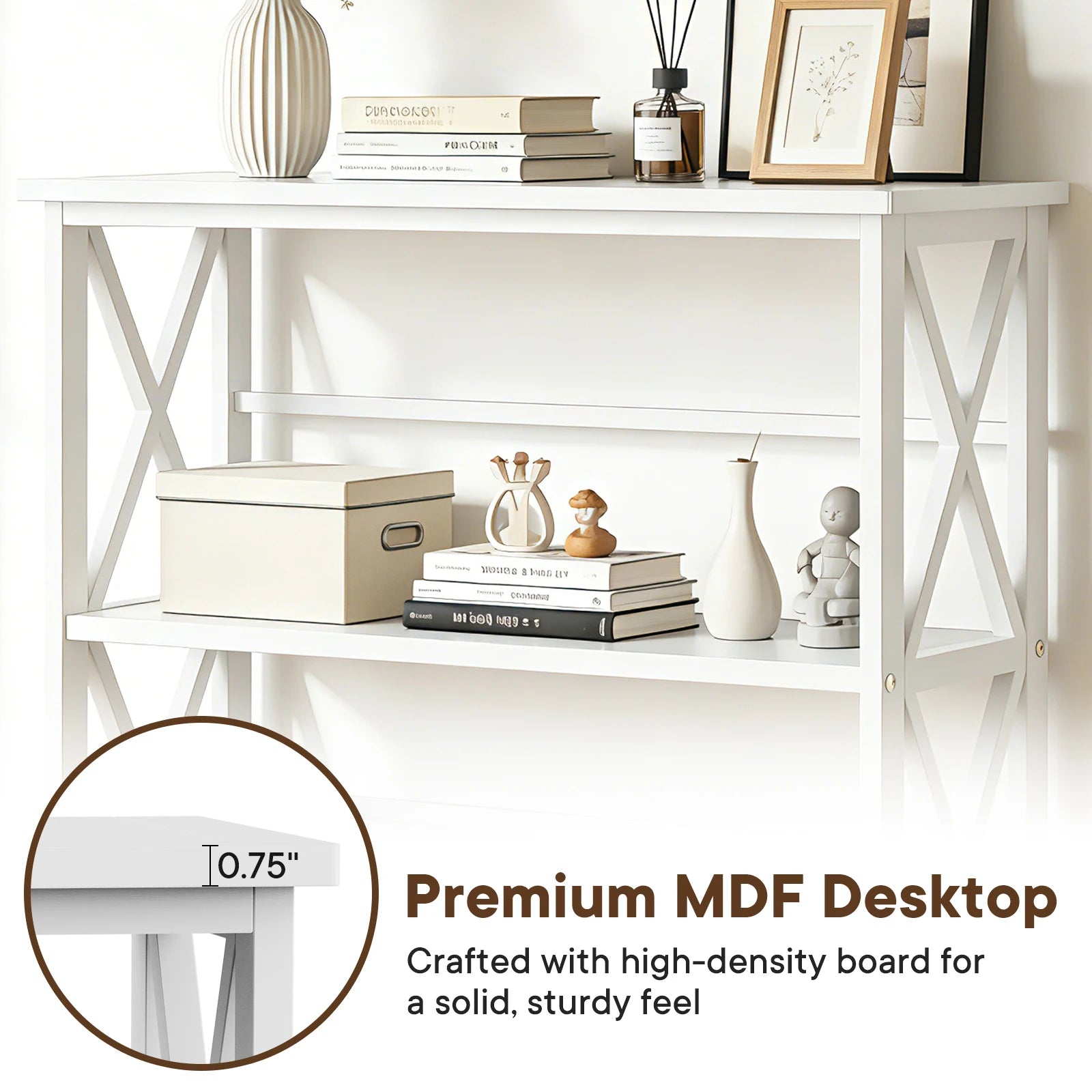 3 Tier Bookshelf Storage Rack with Heavy-Duty Shelves and X-Frame