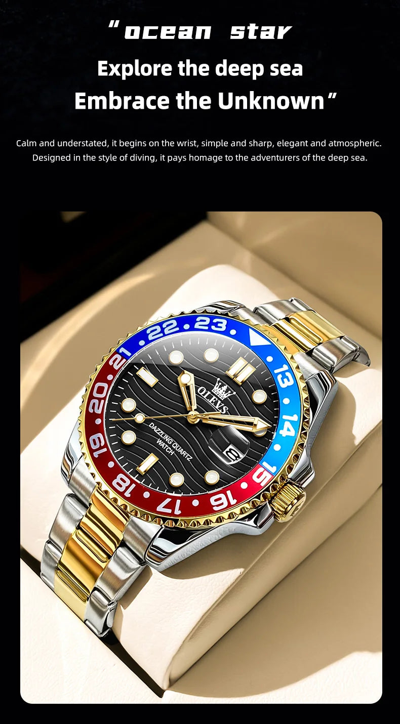 OLEVS New Quartz Watch for Men Stainlss Steel Strap Diving Series Colorful Bezel Fashion Luxury Brand Original Men's Wristwatch