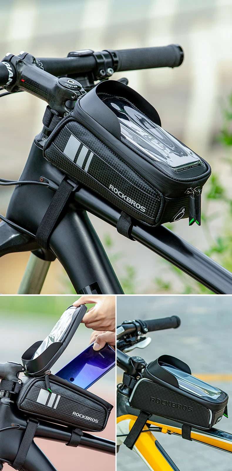 Borsa per telaio bici resistente all'acqua con supporto per telefono con schermo touch