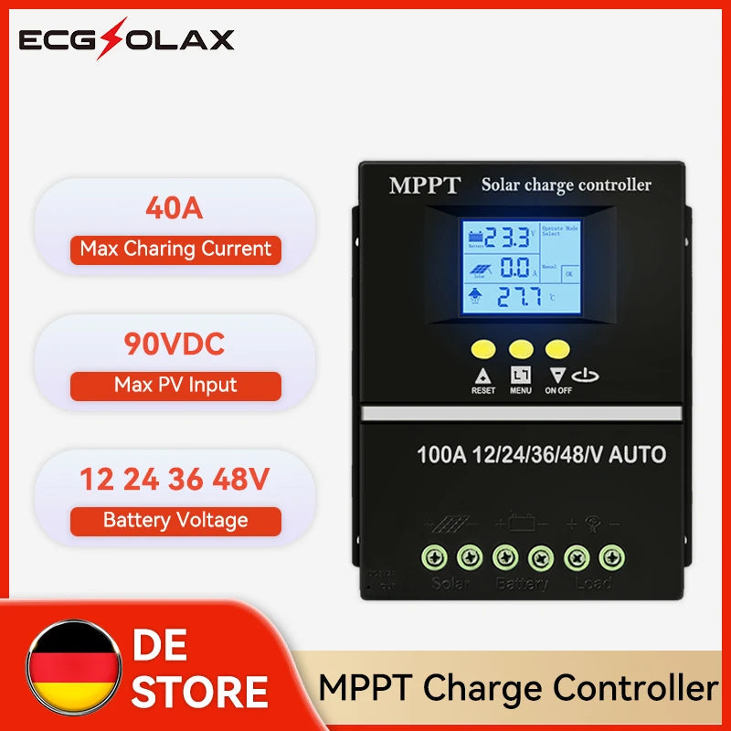 ECGSOLAX 80A 100A MPPT Solar Charge Controller 12V 24V 36V 48V Auto With Dual USB Solar Panel Regulator Charging Controller 100A