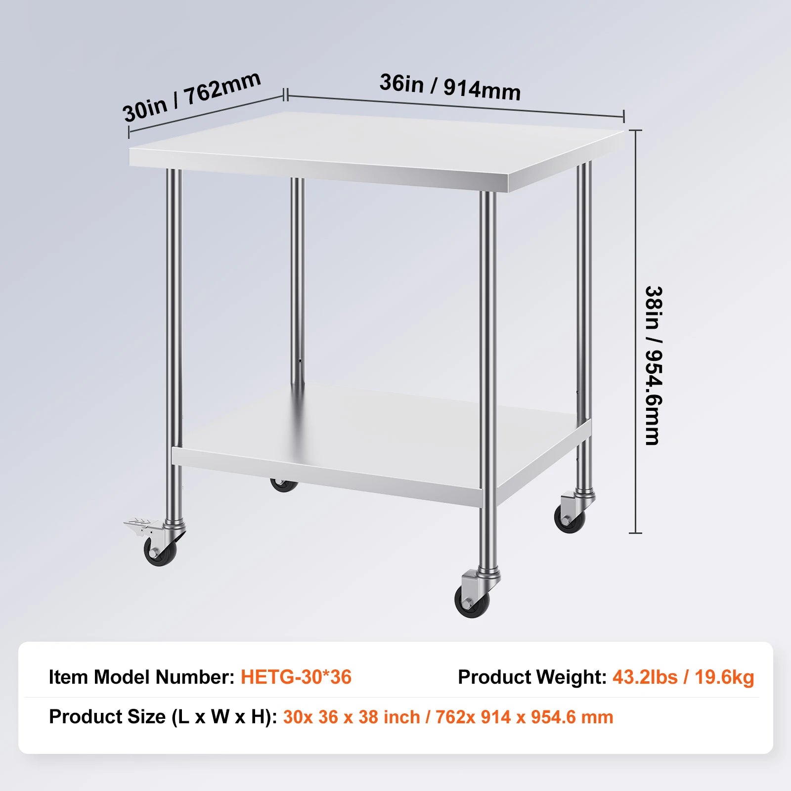 Stainless Steel Work Table with Wheels & Adjustable Shelves