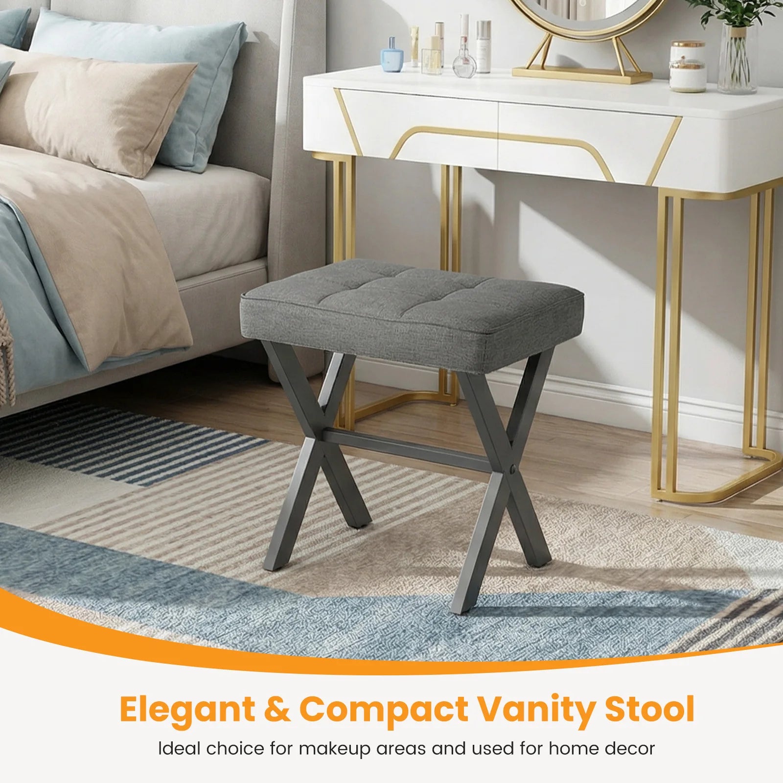Folding Linen Ottoman with Storage & Metal Legs Padded Seat