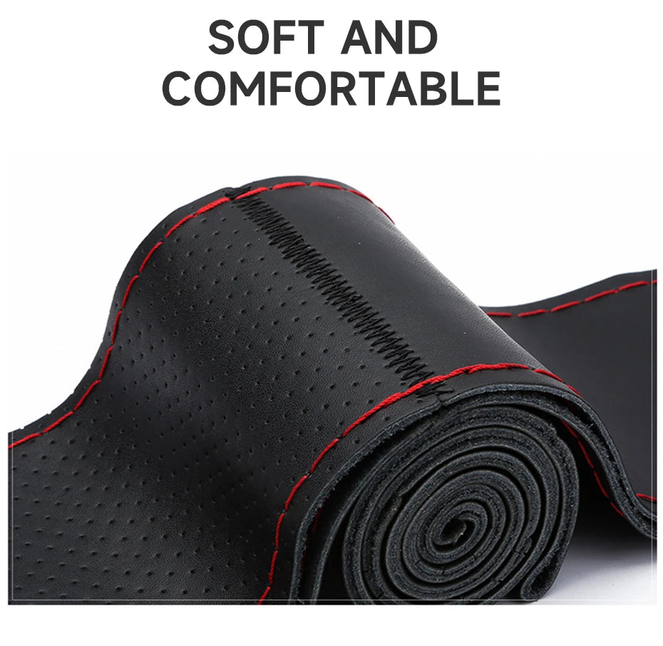 SEAMETAL 100% Genuine Leather Steering Wheel Cover Wear-Resistant Cowhide Car Steering Protection Cover Breathable Anti-Slip