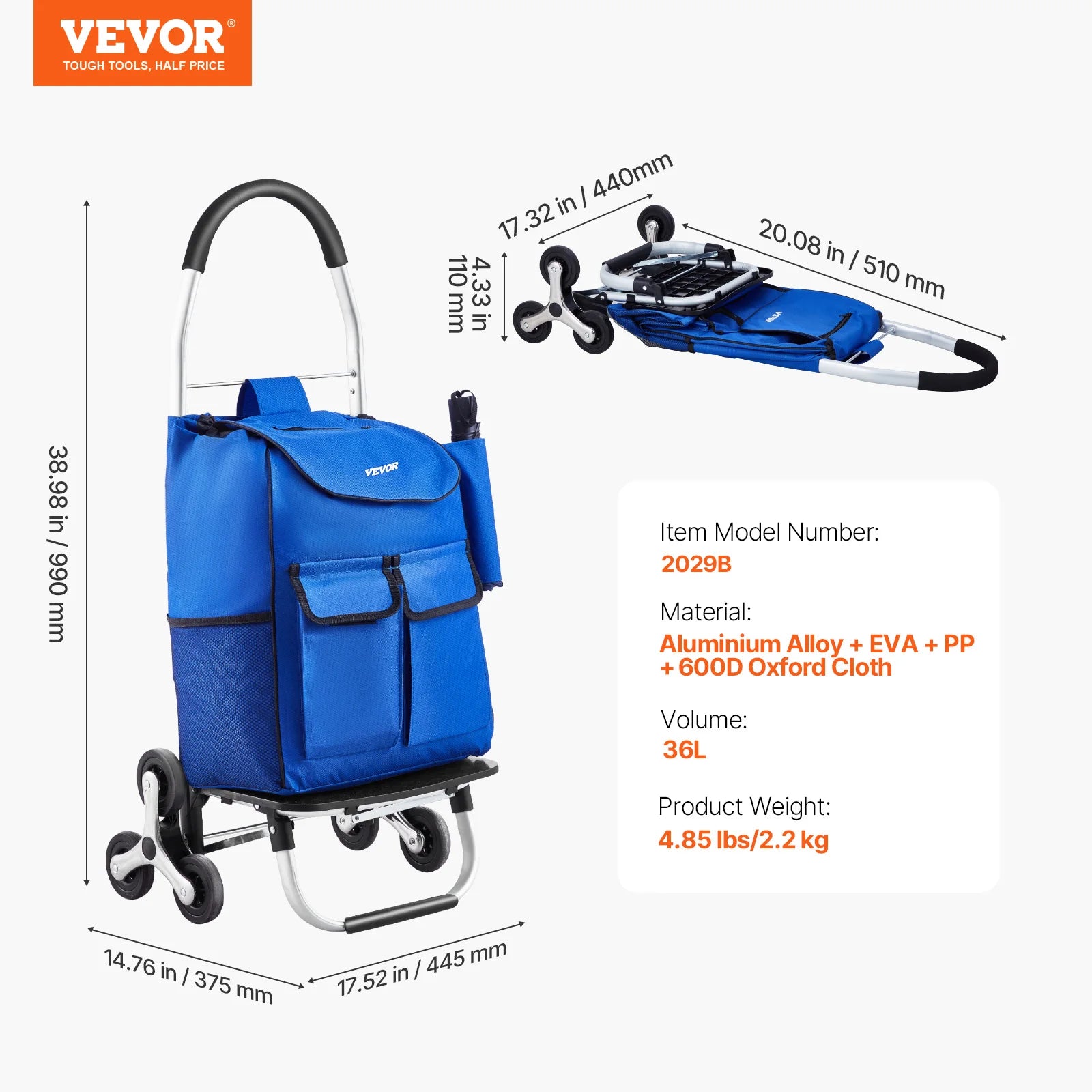 Carrello della spesa da 36L con ruote e telaio pieghevole per salire le scale
