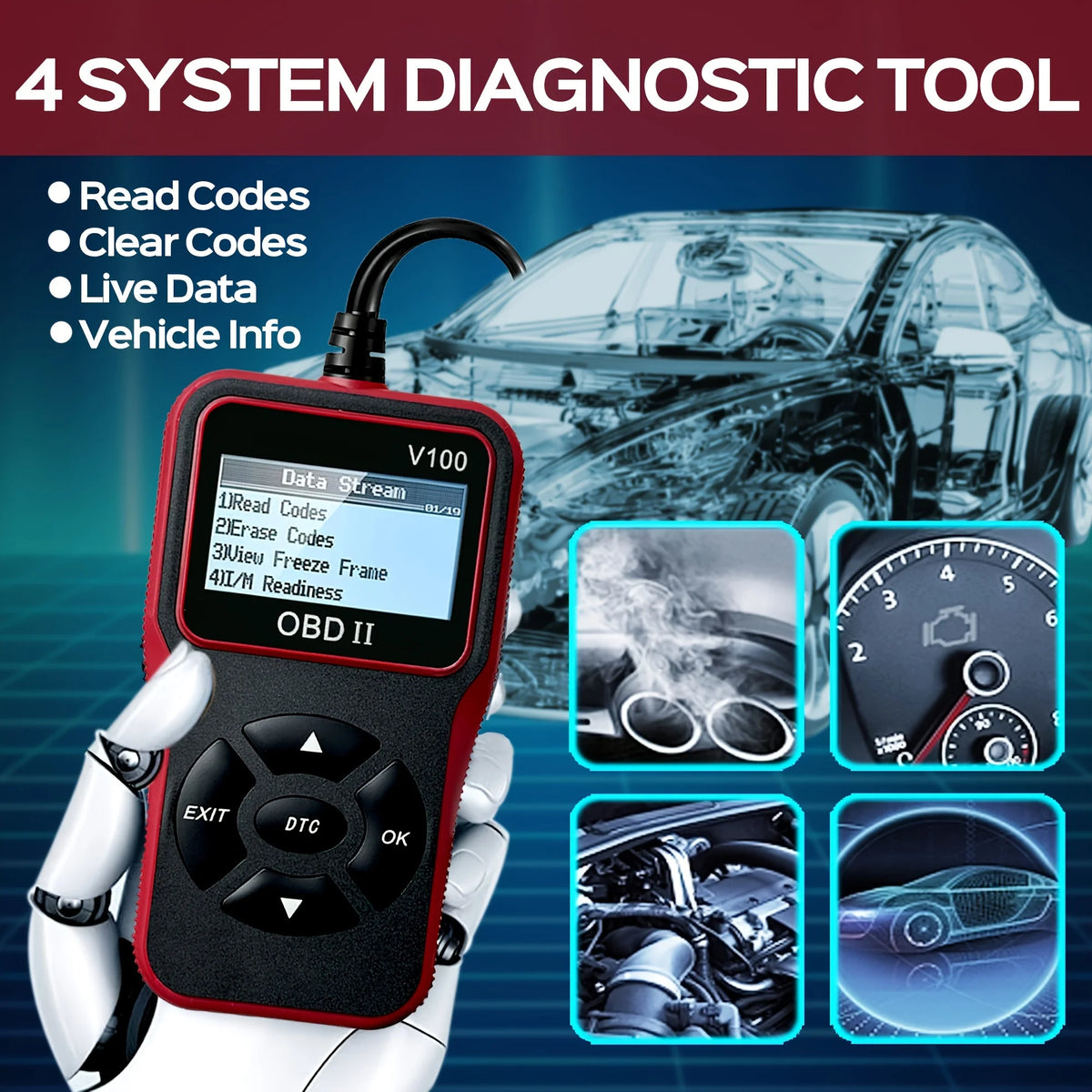 V100 OBDII/EOBD-ajoneuvon vikakoodinlukija
