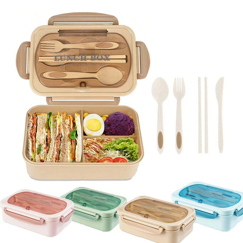 Caixa bento compartimentada para almoço com utensílios, opções de cor