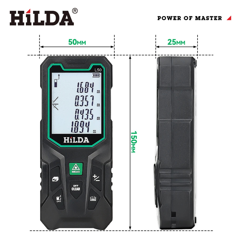 HILDA 50/100/120M Laser Rangefinder Red/Green Light Laser Distance Digital Tape Rechargeable and Measurable Angle Laser Measure