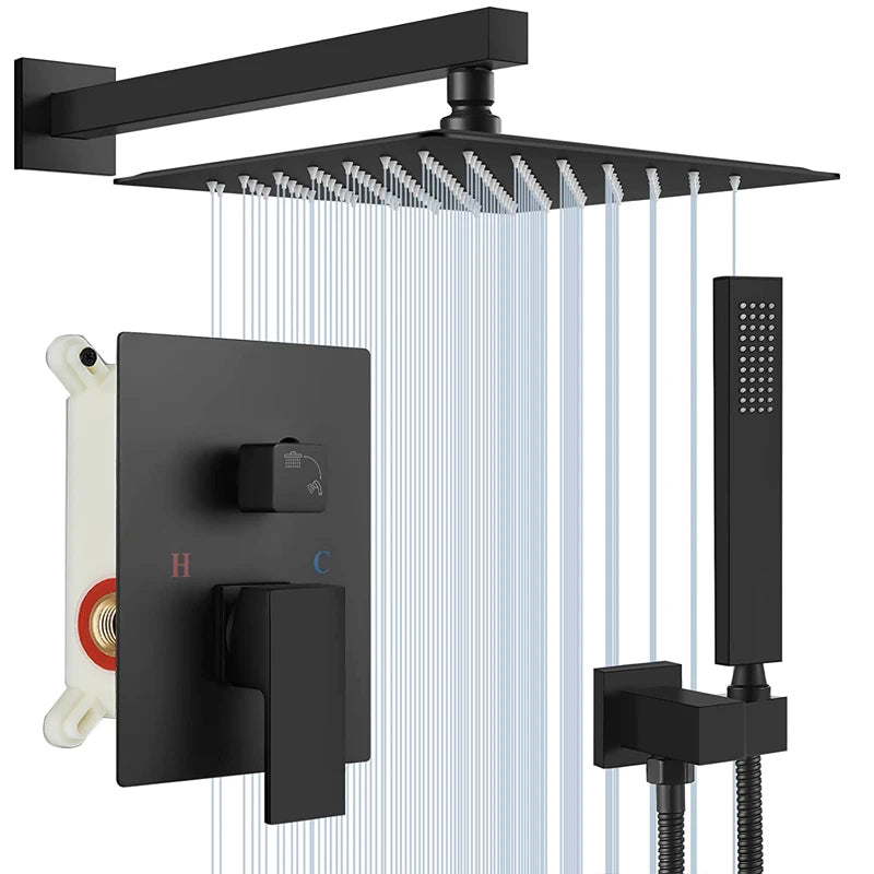 Matte Black Concealed Shower System with Rainfall Head & Tub Spout