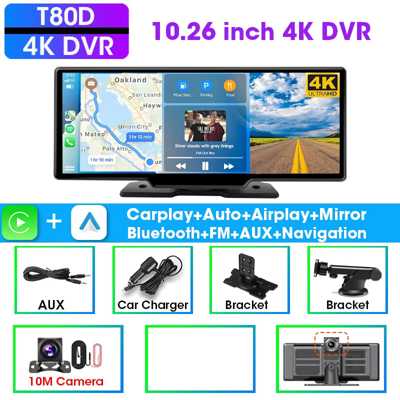 Wireless CarPlay Screen with 4K Dash Cam and GPS