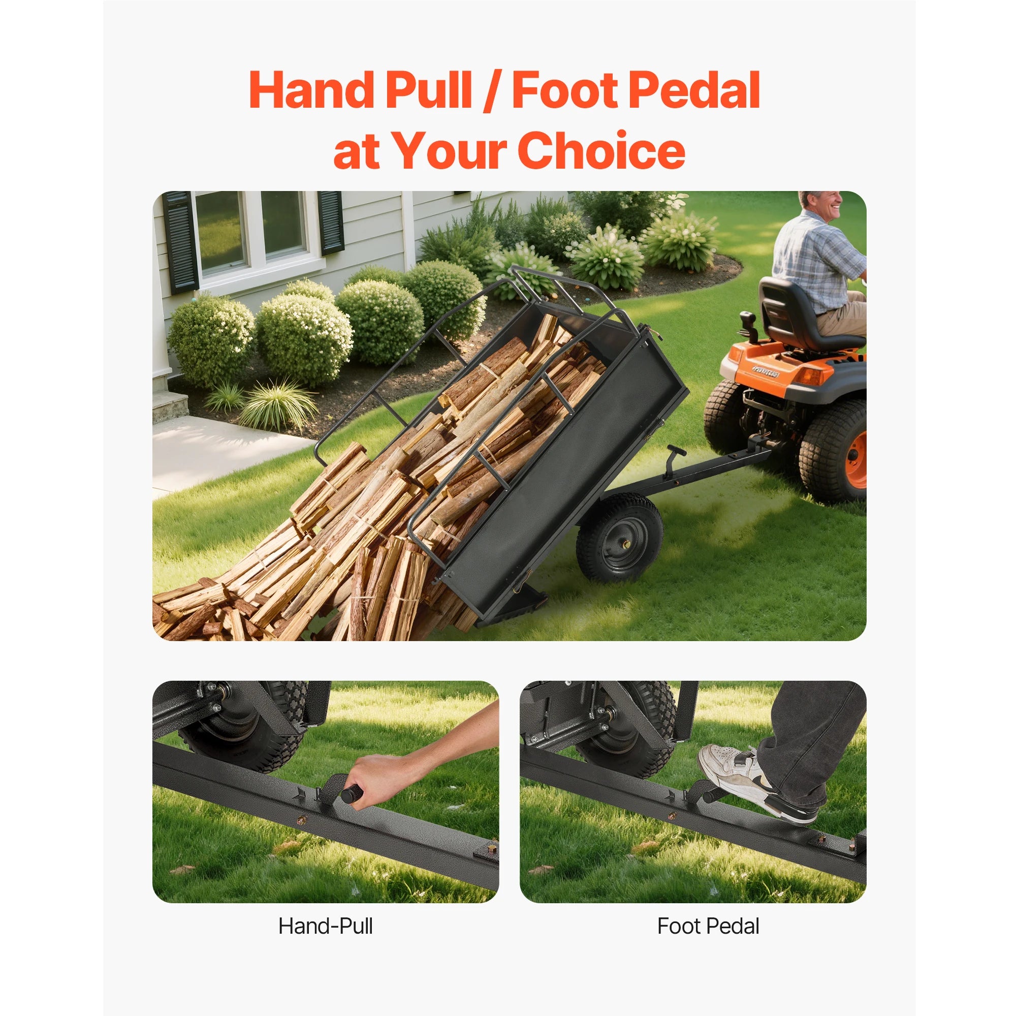 Remorcă de utilizare pentru grădină SucceBuy, capacitate 17 cu ft și 600 lb, pentru ATV/UTV, hate spre în spate, basculabilă, cu cadru din oțel, pneumatică 16", pentru tăvălugul de tuns iarba.