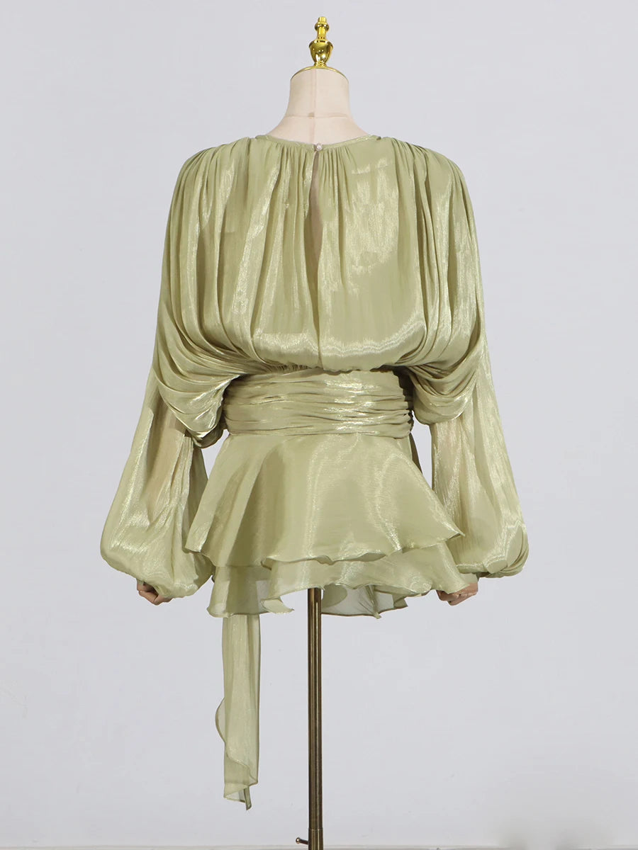 GALCAUR Solid Loose Splicd Lace Up Dresses For Women V Neck Long Sleeves Patchwork Ruffles Tunic Dreses Female Fashio New