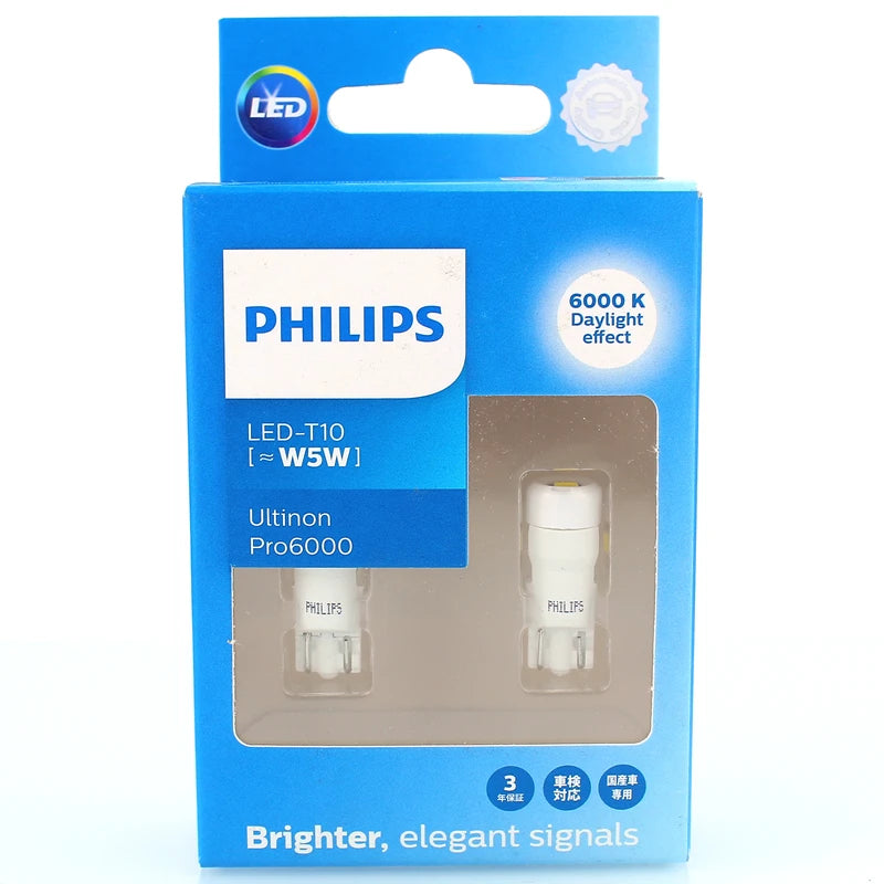 Philips LED T10 W5W Ultinon Pro6000 4000K 6000K White Bright Car Interior Lamps Turn Signal No Flash Flickering Error Free