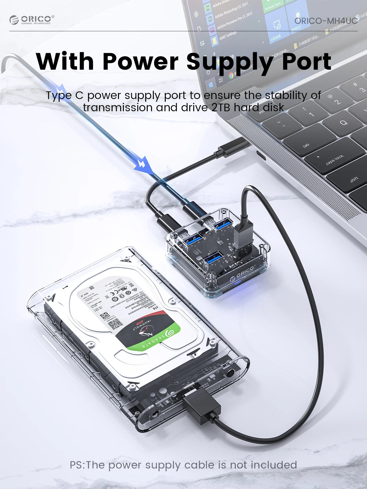 Transparent Four-Port USB Hub with Auxiliary Power Port