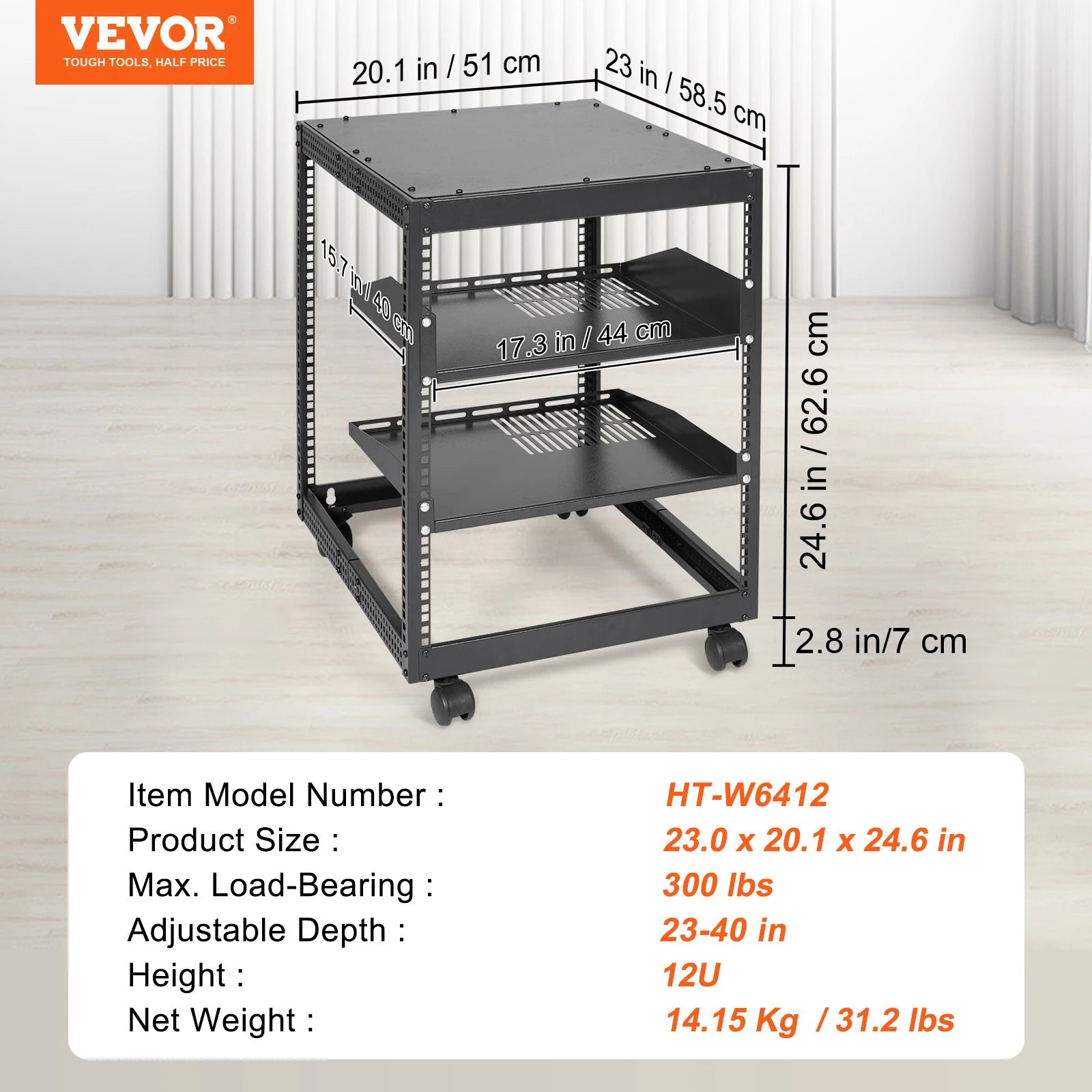 12U Open Frame Server Rack Adjustable Depth Floor or Wall Mount