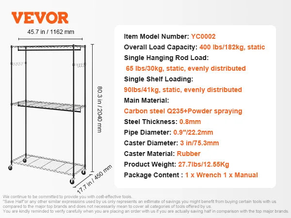 Adjustable Heavy Duty Garment Rack with Wheels & Storage Shelf
