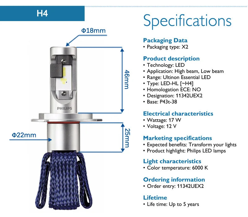 Philips LED H4 H7 HB3 HB4 H8 H11 H16 Ultinon Essential Auto svetlá 6000K Jasný biely HIR2 9012 9005 9006 LED Upgrade žiarovky