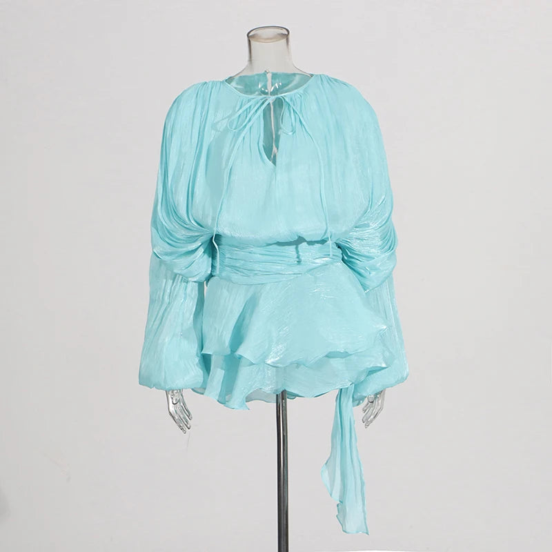 GALCAUR Solid Loose Splicd Lace Up Dresses For Women V Neck Long Sleeves Patchwork Ruffles Tunic Dreses Female Fashio New