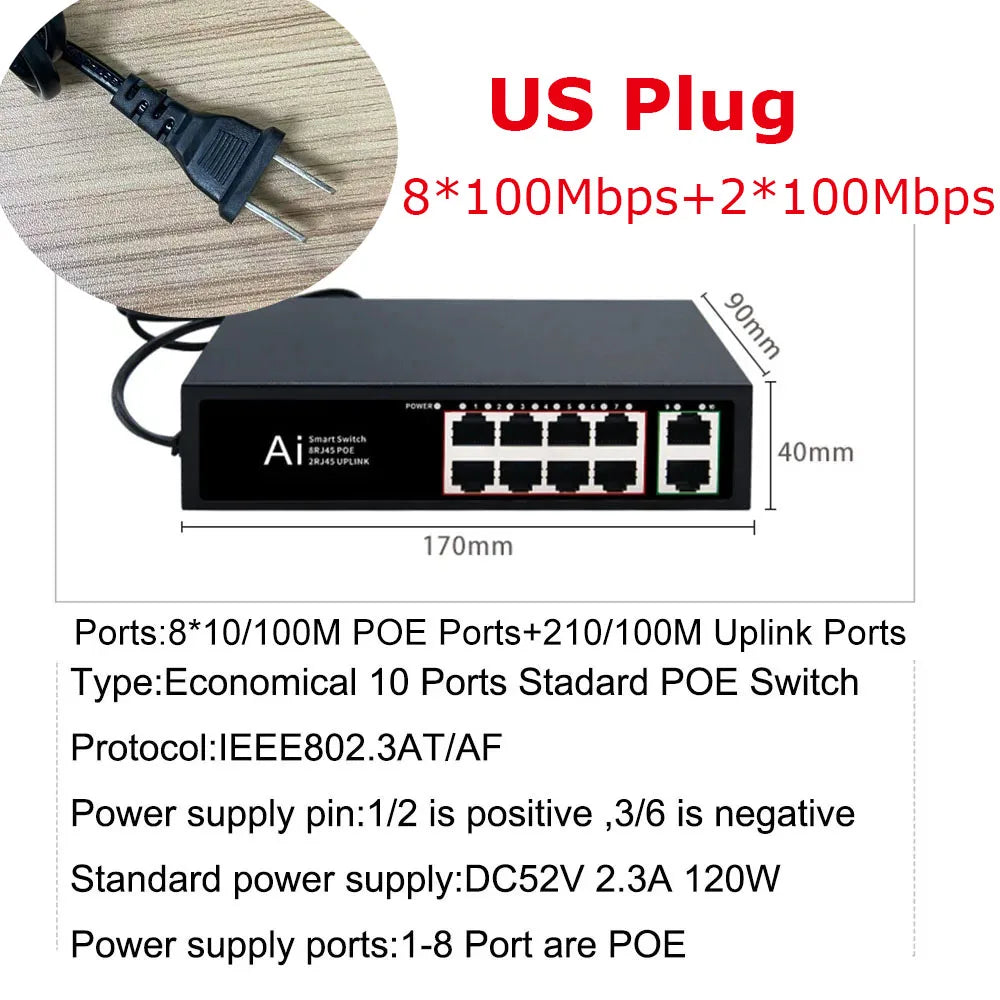 Ienron POE Switch 6/10 Ports 100Mbps Ethernet Switch POE ieee802.3af/at Network Switch Ethernet For Wifi Router IP Camera