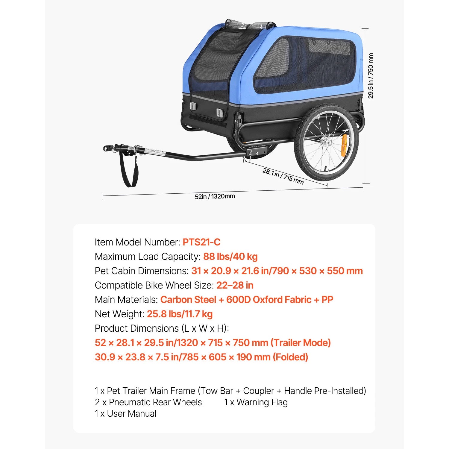 SucceBuy 66/88 lbs Dog Bike Trailer Easy Folding Frame Pet Cart Bicycle Carrier with Coupler & Reflector for Small & Medium Dogs