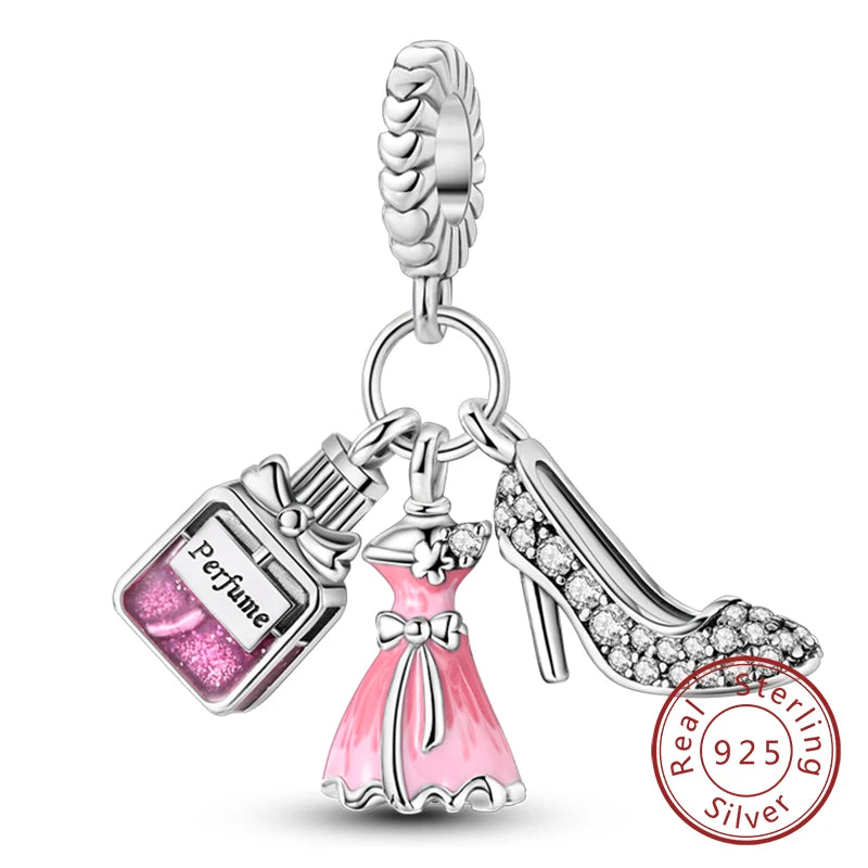 Fit Original 925 Sterling Silver Charms Beads Bow Perfume Bottle Pink Charms for Women Fine DIY Birthday Jewelry Gifts