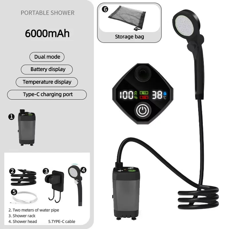 Portable Camping Shower 6000mAh Rechargeable Electric Pump with LED Display