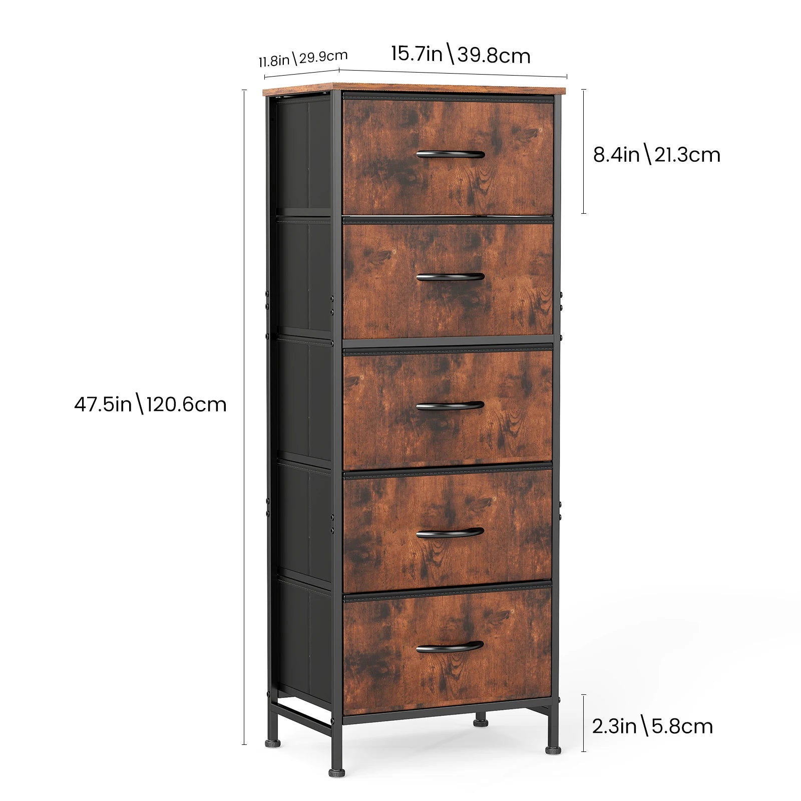 5-skuffers smal kommode med stofkasser til opbevaring på soveværelset