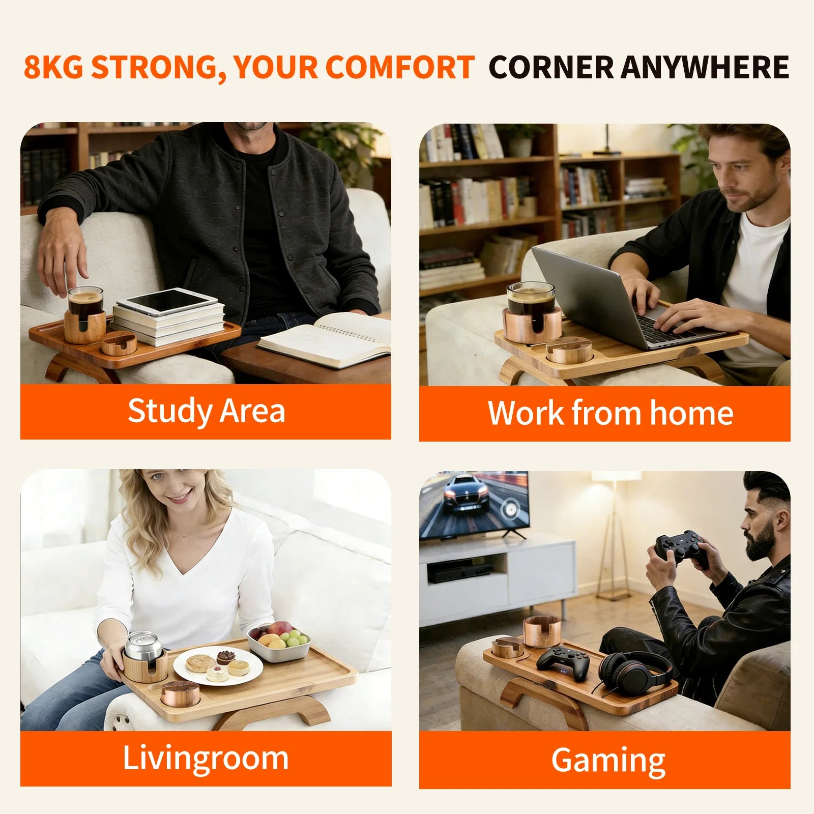 3-in-1 Couch Arm Tray with Rotating Cup Holder & Phone Stand